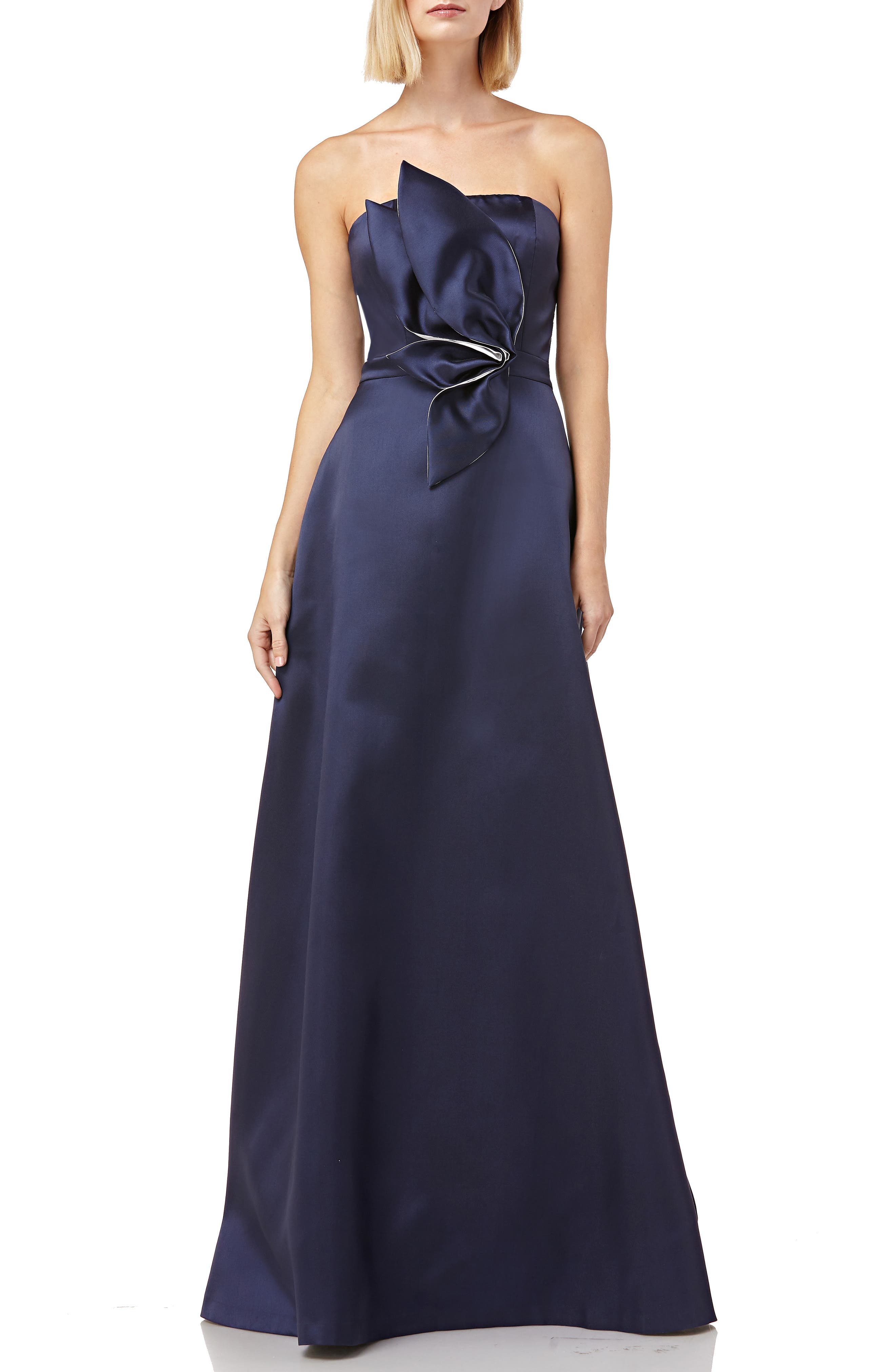 Kay Unger 3D Applique Strapless Mikado Gown, Blue