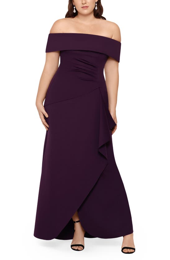 Xscape Off The Shoulder Ruffle Gown In Plum