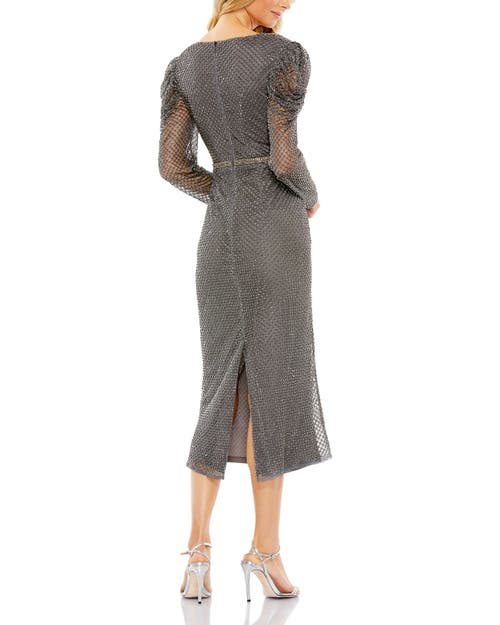Mac Duggal Beaded Wrap Over Puff Sleeve Dress In Charcoal