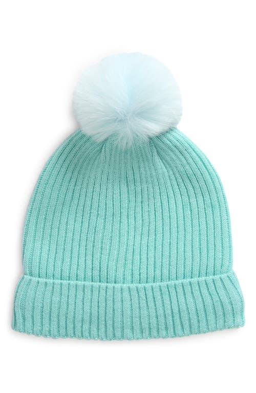 Shop Nordstrom Kids' Fleece Lined Beanie With Faux Fur Pom In Teal Turquoise