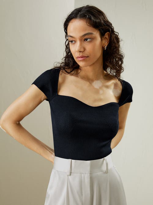 Lilysilk Sweetheart Neck Ribbed Silk Knit Top In Navy Blue