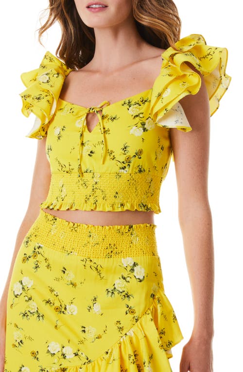 Alice + Olivia Shanae Floral Print Ruffle Smocked Crop Top in Escape Ditsy Sunbeam