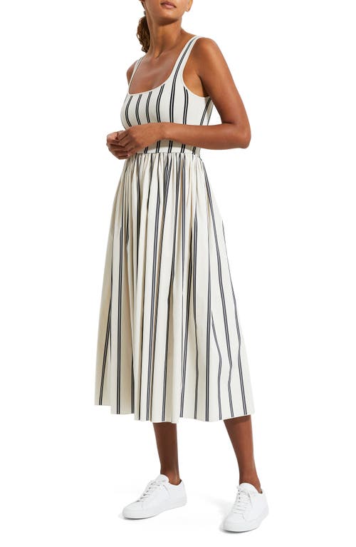 Theory Striped Gathered Cotton-poplin And Stretch-knit Midi Dress In Multi
