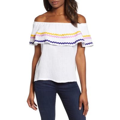 Petite Gibson X Hi Sugarplum! Santa Fe Rickrack Off The Shoulder Top, White (Regular & Petite) (Nordstrom Exclusive)