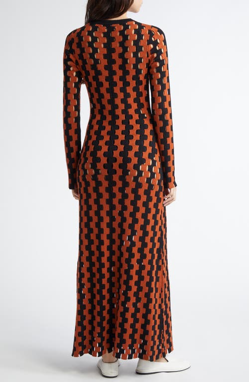 Shop Zankov Natalie Open Work Long Sleeve Wool Maxi Sweater Dress In Tobacco/black