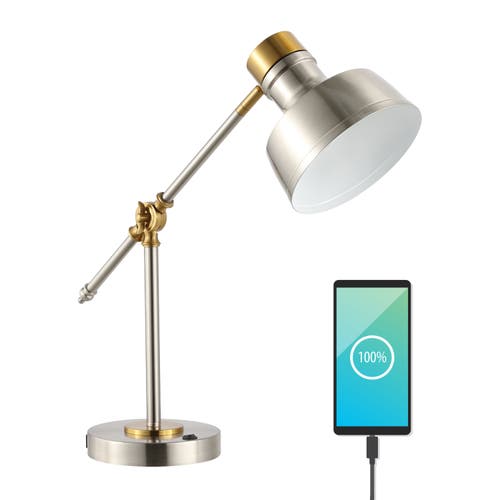 Jonathan Y Allegra Classic Farmhouse Adjustable Cantilever Led Task Lamp With Usb Charging Port In Nickel/brass Gold