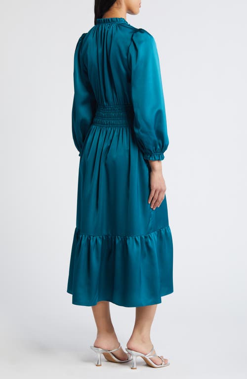 Shop Eliza J Ruffle Trim Long Sleeve Satin Dress In Teal