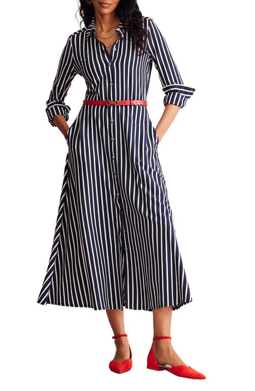 Shop Boden Marcia Stripe Tie Belt Long Sleeve Shirtdress In Navy, Ivory Stripe