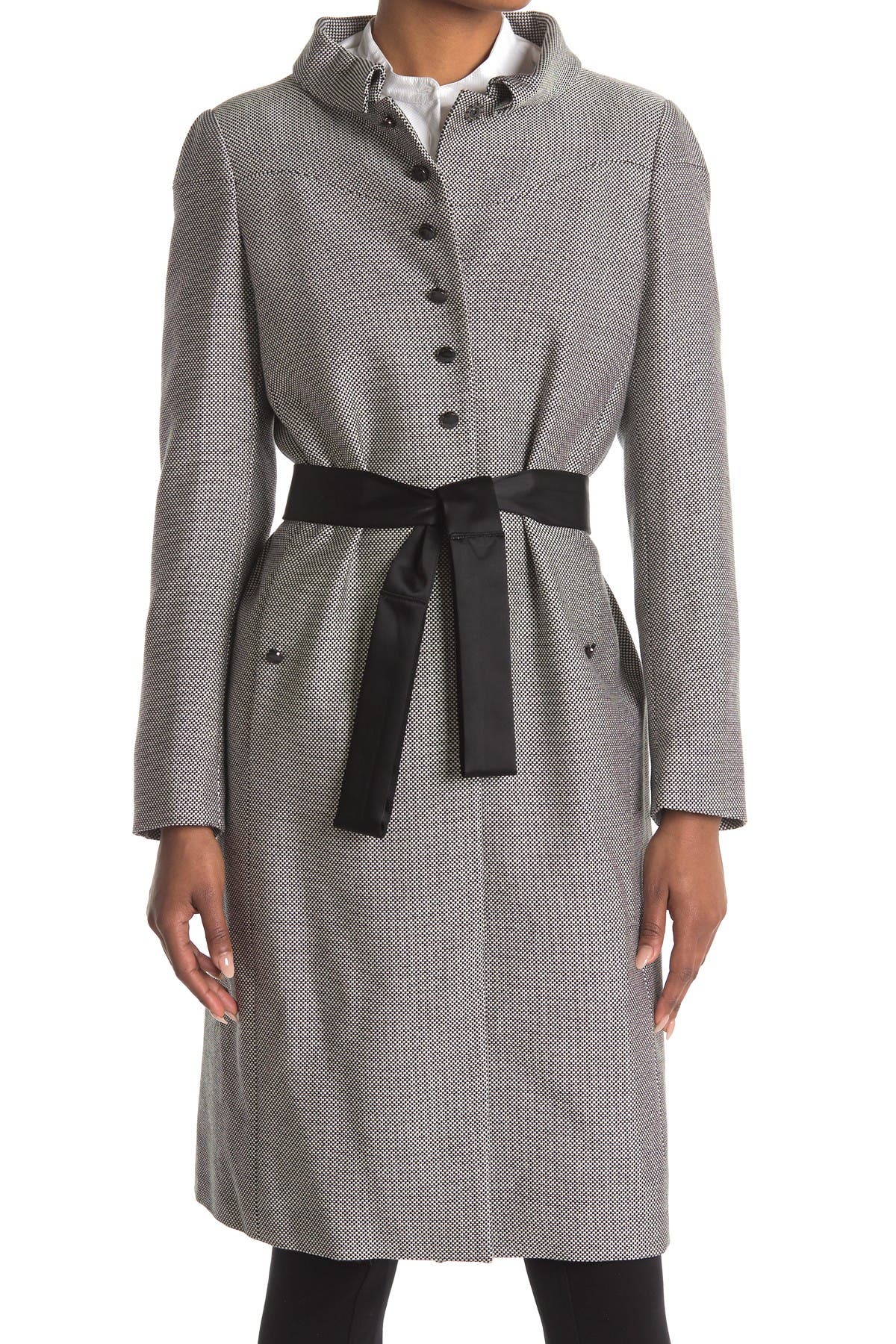 Valentino Tie Waist Wool Blend Coat In Nero/bianco