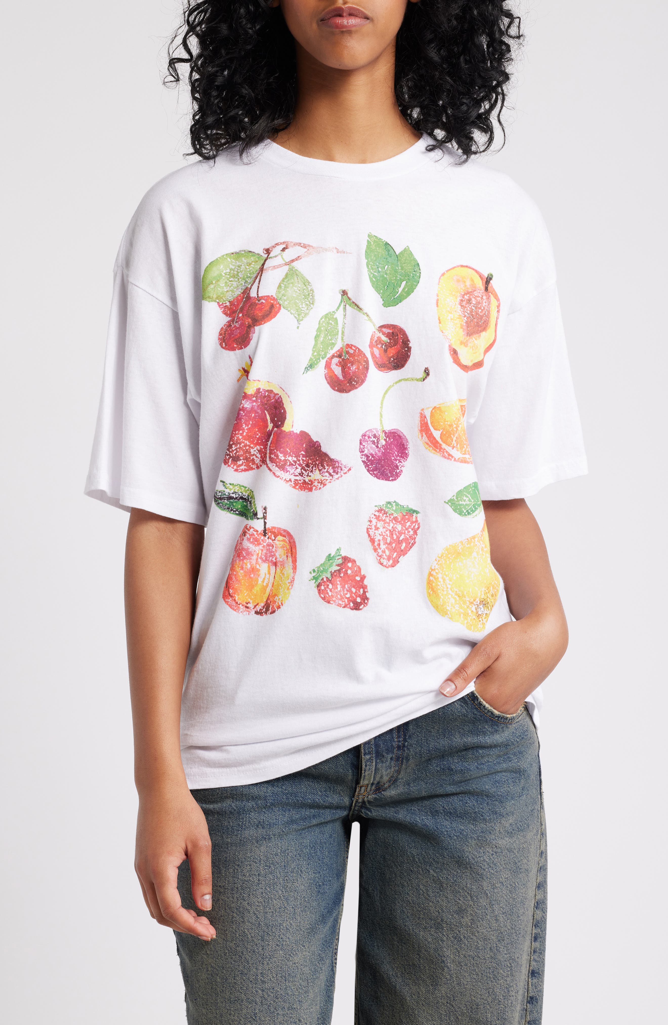 GOLDEN HOUR Fruit Paintings Graphic T-Shirt in Washed Bright White 