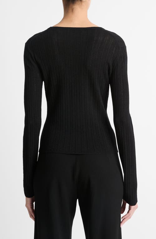 Shop Vince Pointelle Wool-blend V-neck Top In Black