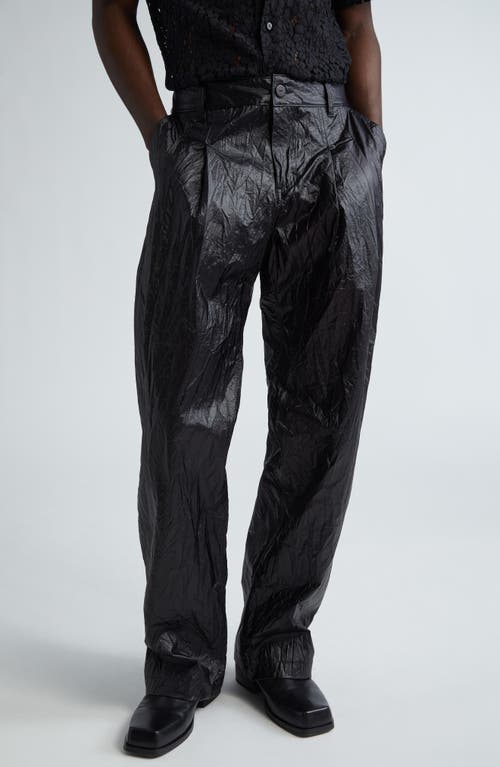 Crinkled Faux Leather Trousers in Obsidian