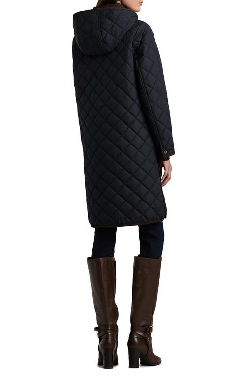 Shop Lauren Ralph Lauren Hooded Longline Quilted Jacket In Dark Navy