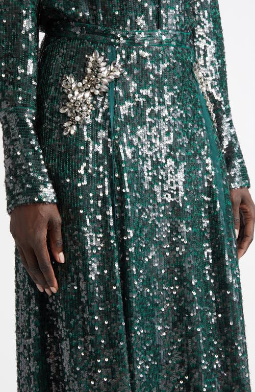 Shop Erdem Crystal Embellished Sequin Midi Skirt In Dark Green