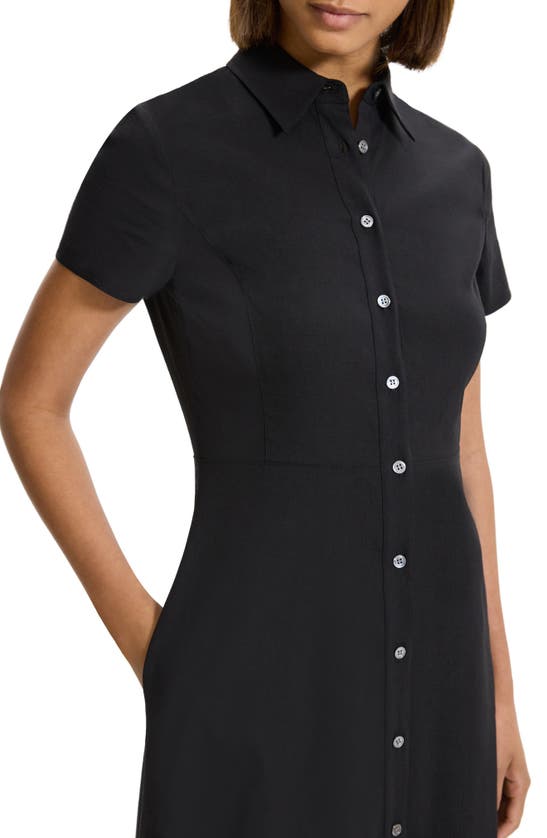 Shop Theory Short Sleeve Linen Blend Midi Shirtdress In Black