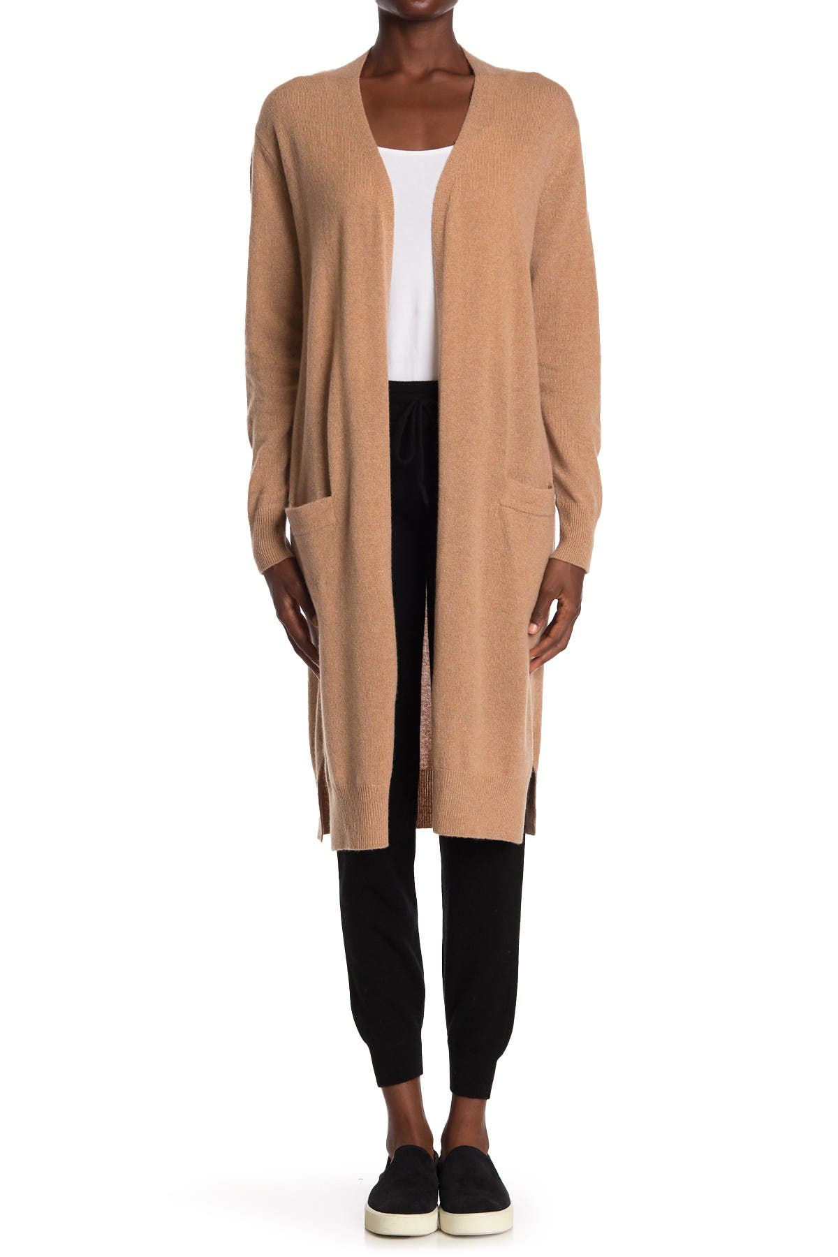 Amicale Cashmere Open Front Duster In Dark Beige