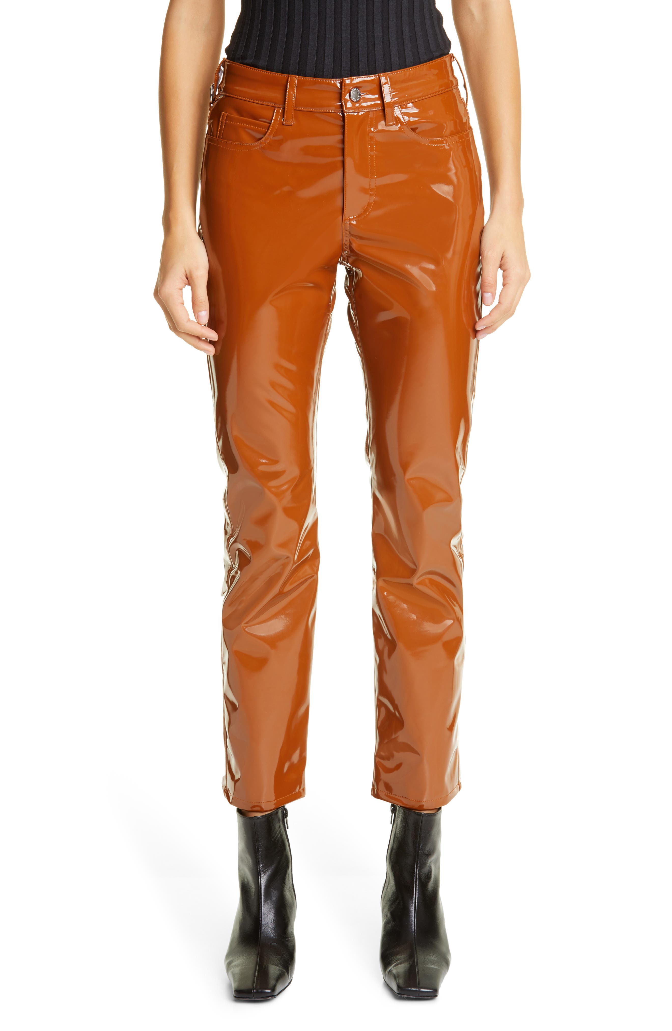 orange patent leather pants