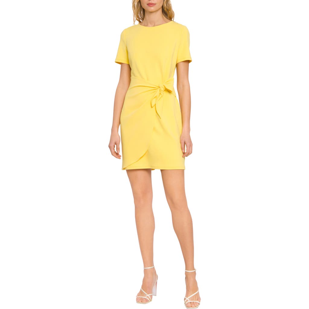 Donna Morgan For Maggy Short Sleeve Faux Wrap Minidress In Lemon Drop