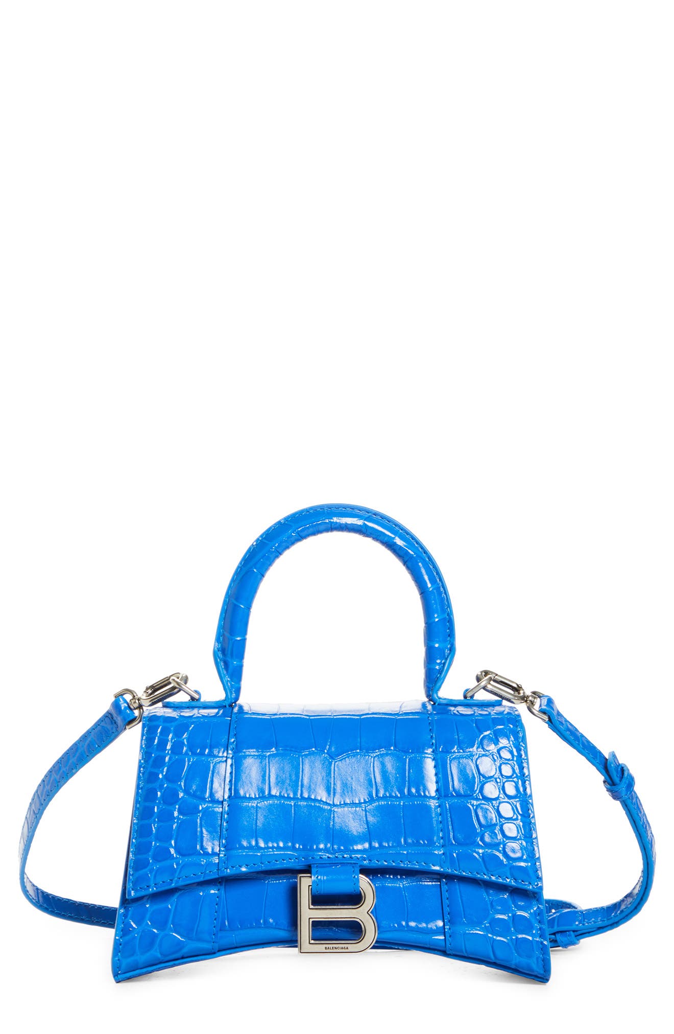 Balenciaga Extra Small Hourglass Croc Embossed Leather Top Handle Bag in Royal Blue at Nordstrom