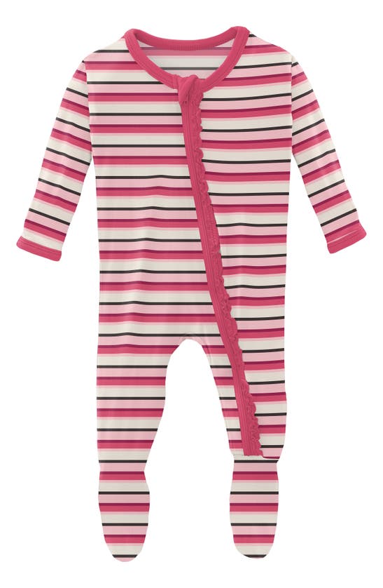 Kickee Pants Muffin Ruffle Print Footie In Winter Rose Stripe