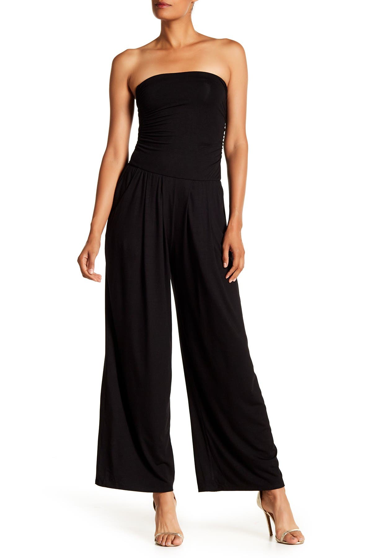 ruched strapless jumpsuit