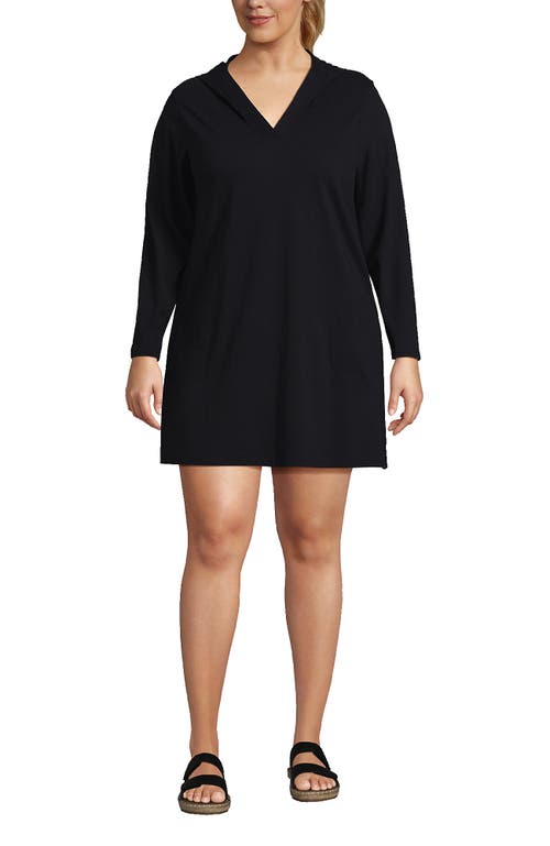 Shop Lands' End Plus Size Cotton Jersey Long Sleeve Hooded Swim Cover-up Dress In Black