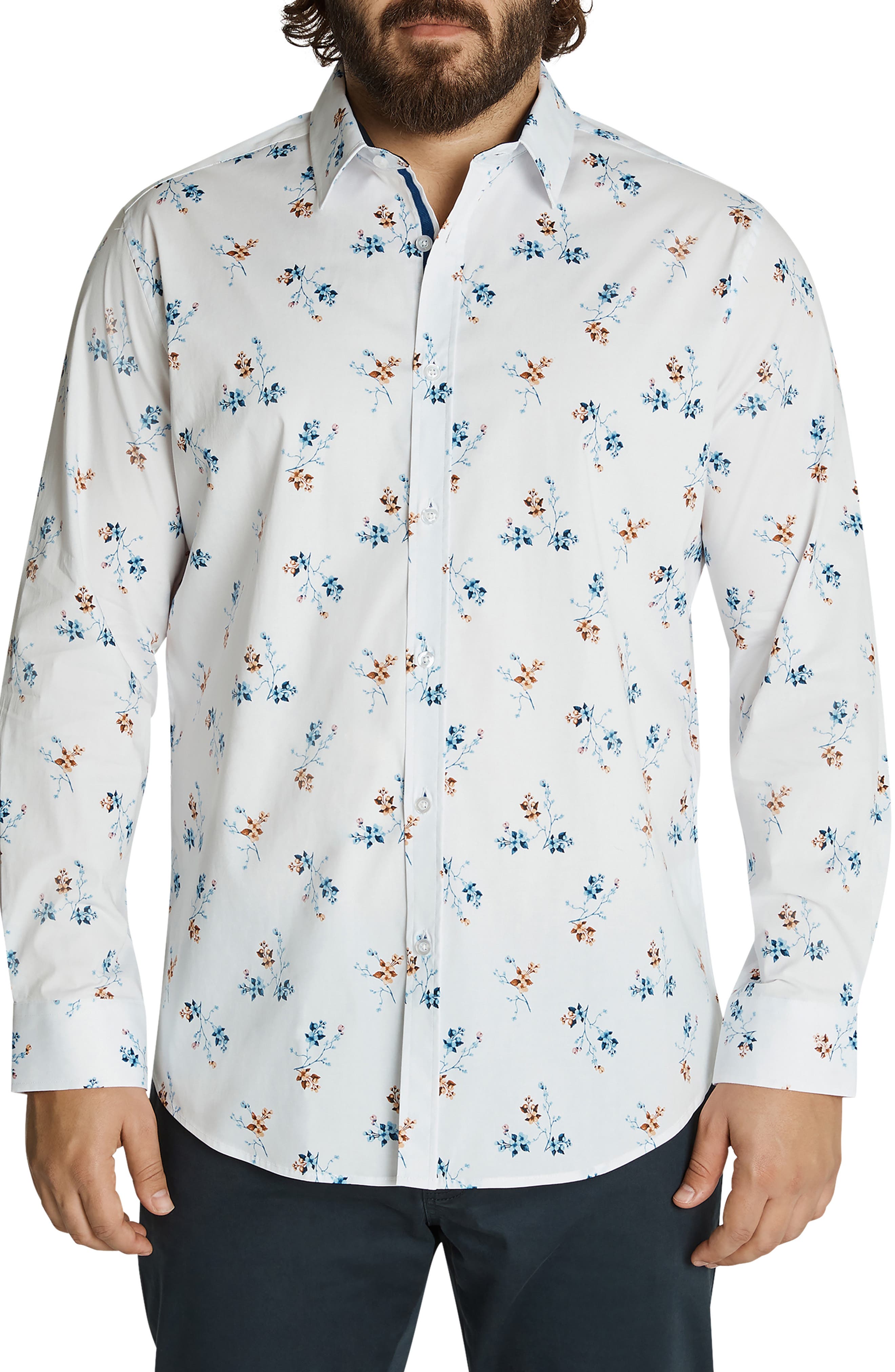 Johnny Bigg Damien Floral Stretch Cotton Button-Up Shirt in White