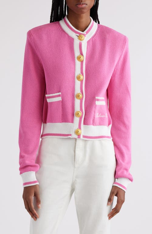 Balmain Embroidered Signature Cardigan In Pink/white