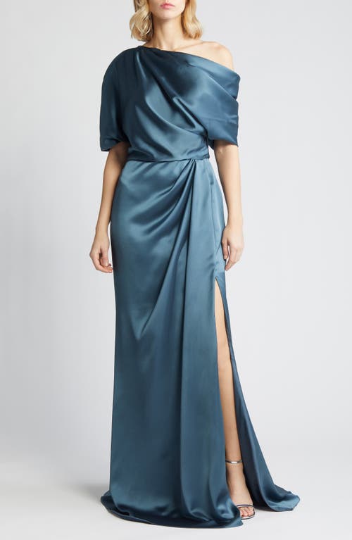 Gathered One-Shoulder Satin Gown in Petrol