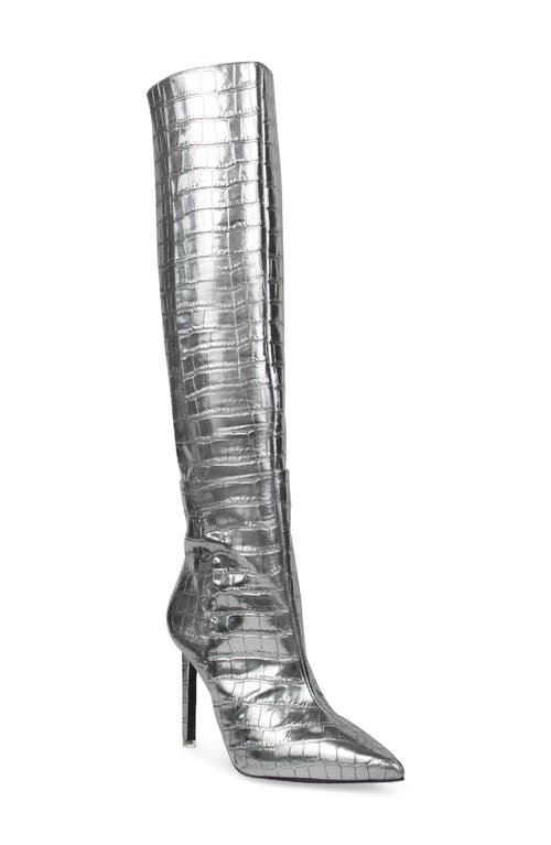 BLACK SUEDE STUDIO Taylor Croc Embossed Pointed Toe Boot in Silver Metallic Croc