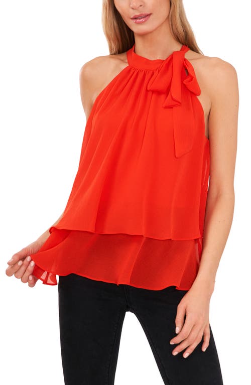CeCe Shoulder Bow Tiered Ruffle Crinkle Chiffon Blouse in Poppy Red