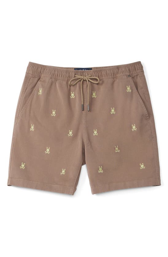 Psycho Bunny Guilford Allover Embroidered Bunny Drawstring Shorts In Antique Taupe
