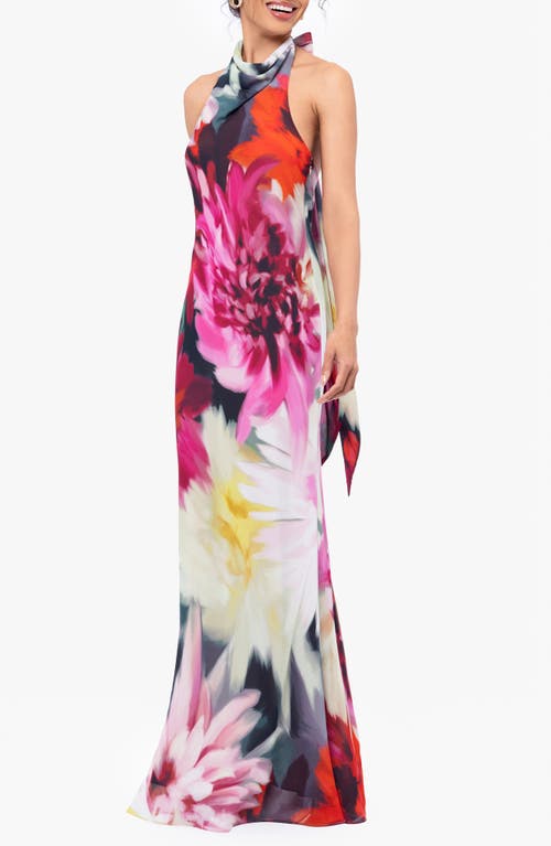 Betsy & Adam Floral Halter Gown In Fuchsia/blush