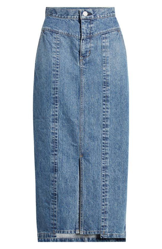 Shop Moussy Clovernook High Waist Denim Midi Skirt In Blue