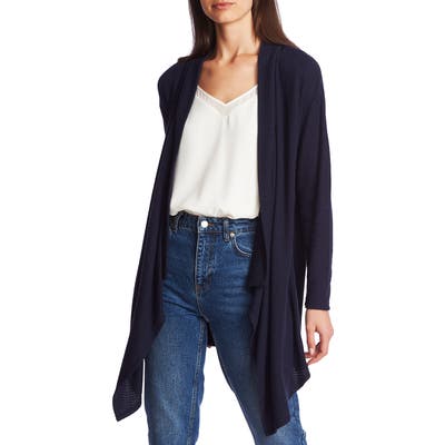 1.state Drape Front Waffle Knit Long Cardigan, Blue