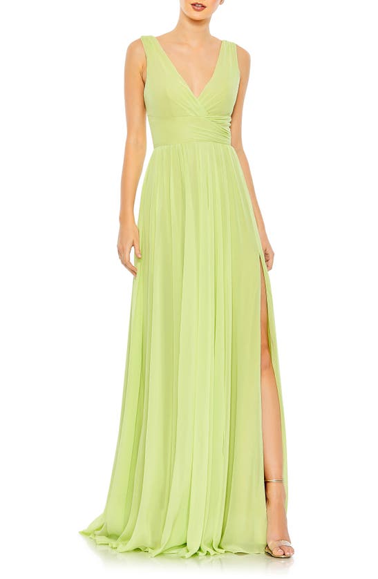 Shop Mac Duggal Side Slit Sleeveless Chiffon Gown In Lime