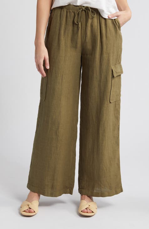 Buy Olive Green Cotton Mid-Rise Elasticated Wide Legged Pant