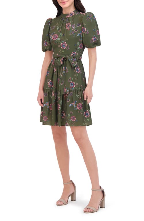 Shop Eliza J Floral Print Puff Sleeve Dress In Olive