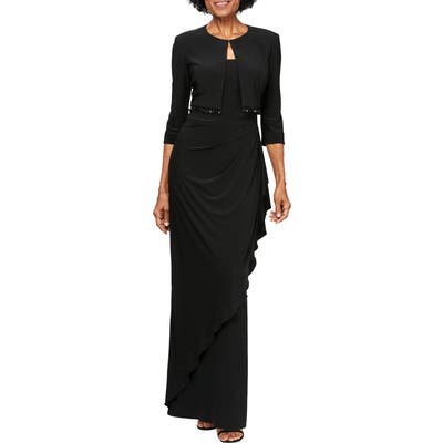 Petite Alex Evenings Ruched Gown With Bolero, Black