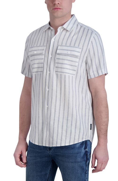 Shop Karl Lagerfeld Paris Stripe Linen Blend Short Sleeve Button-up Shirt In White/black