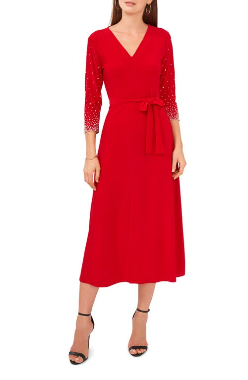 Embellished Tie Waist Midi Dress in Red