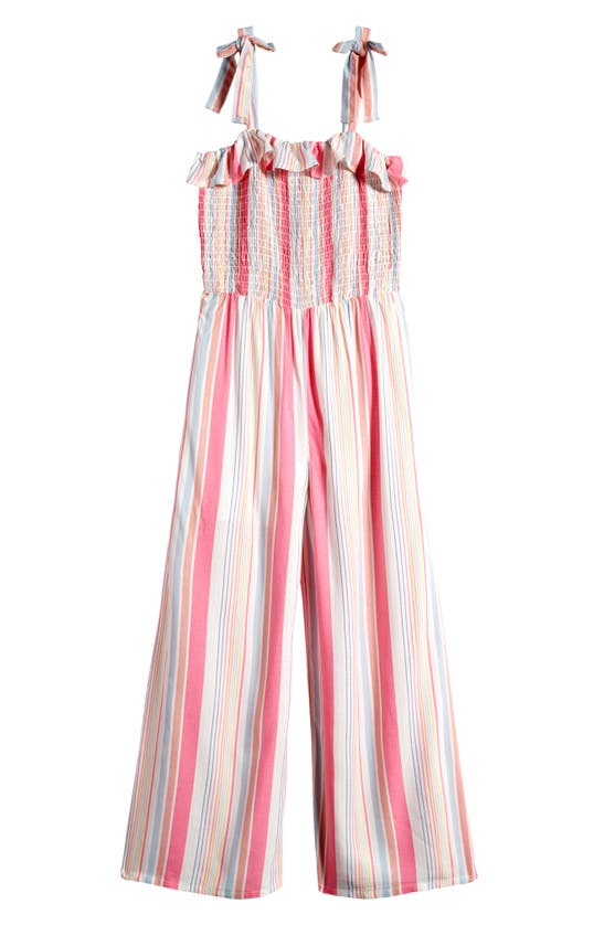 Shop Love, Fire Kids' Stripe Ruffle Smocked Bodice Jumpsuit In Yellow Pink Stripe
