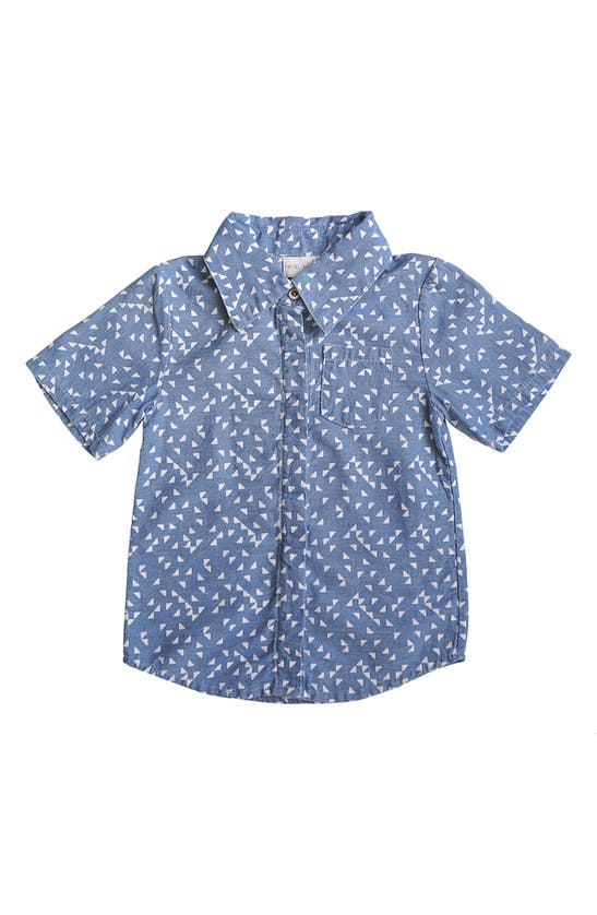 Miki Miette Kids' Jerry Geo Print Short Sleeve Cotton Button-up Shirt In Blue