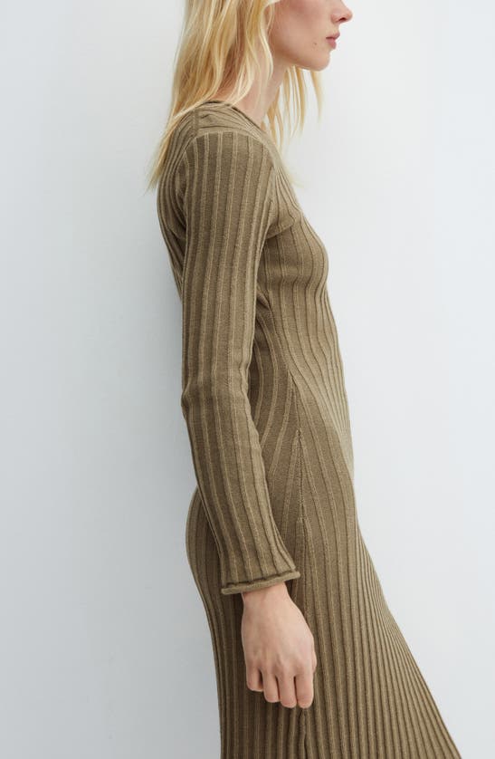 Shop Mango Long Sleeve Rib Knit Dress In Khaki