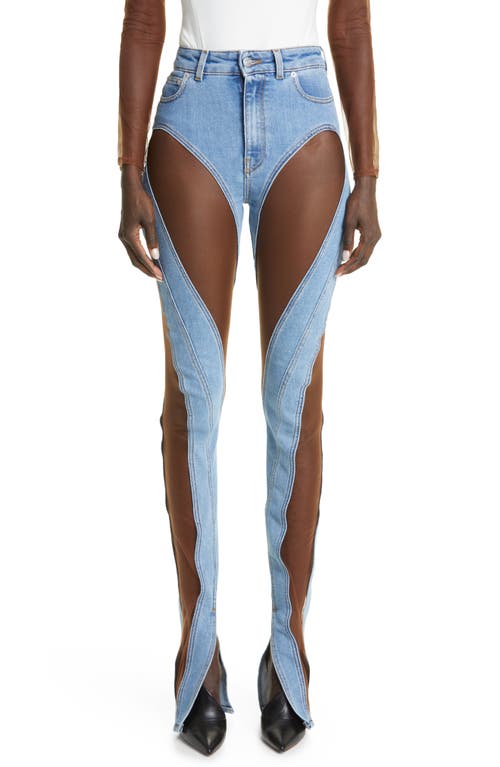MUGLER Sheer Tulle Inset High Waist Skinny Jeans in Medium Blue /Nude 02