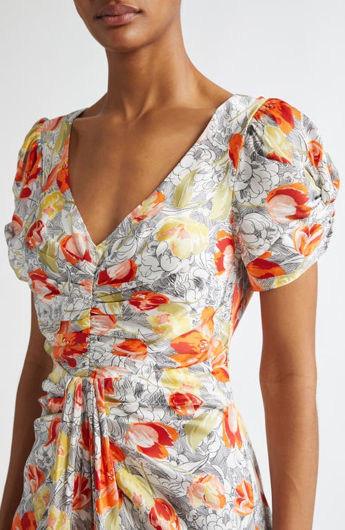 Cinq À Sept Ximena Draped Floral Puff-sleeve V-neck Midi Dress In Ivory Multi