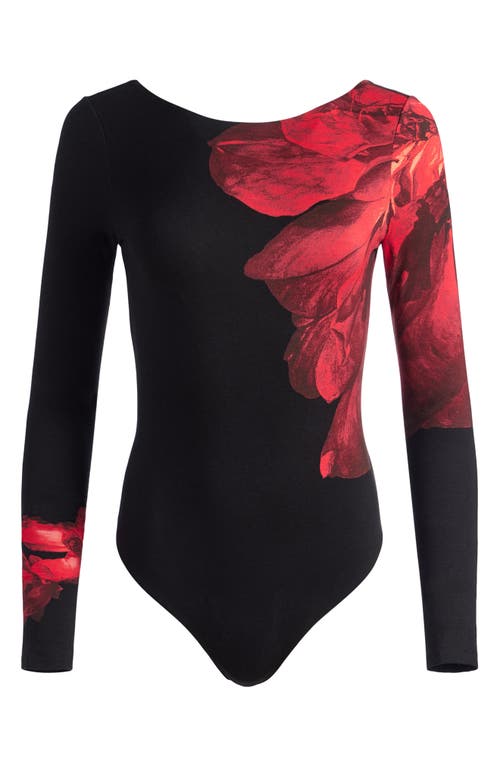 Shop Alice And Olivia Alice + Olivia Masako Print Bodysuit In Peony Petals Bright Ruby