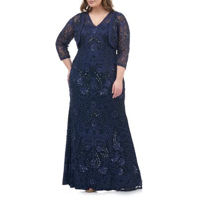 Plus Size Js Collections Soutache Gown With Bolero, Blue
