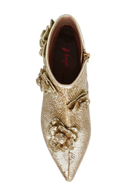 Shop Betsey Johnson Finlee Sequin Flower Pointed Toe Bootie In Pale Gold