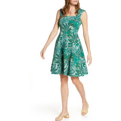 Leota Tropical Jacquard Sleeveless Fit & Flare Dress, Green